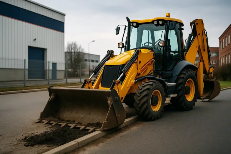 Экскаватор-погрузчик работает у бордюра — Минск