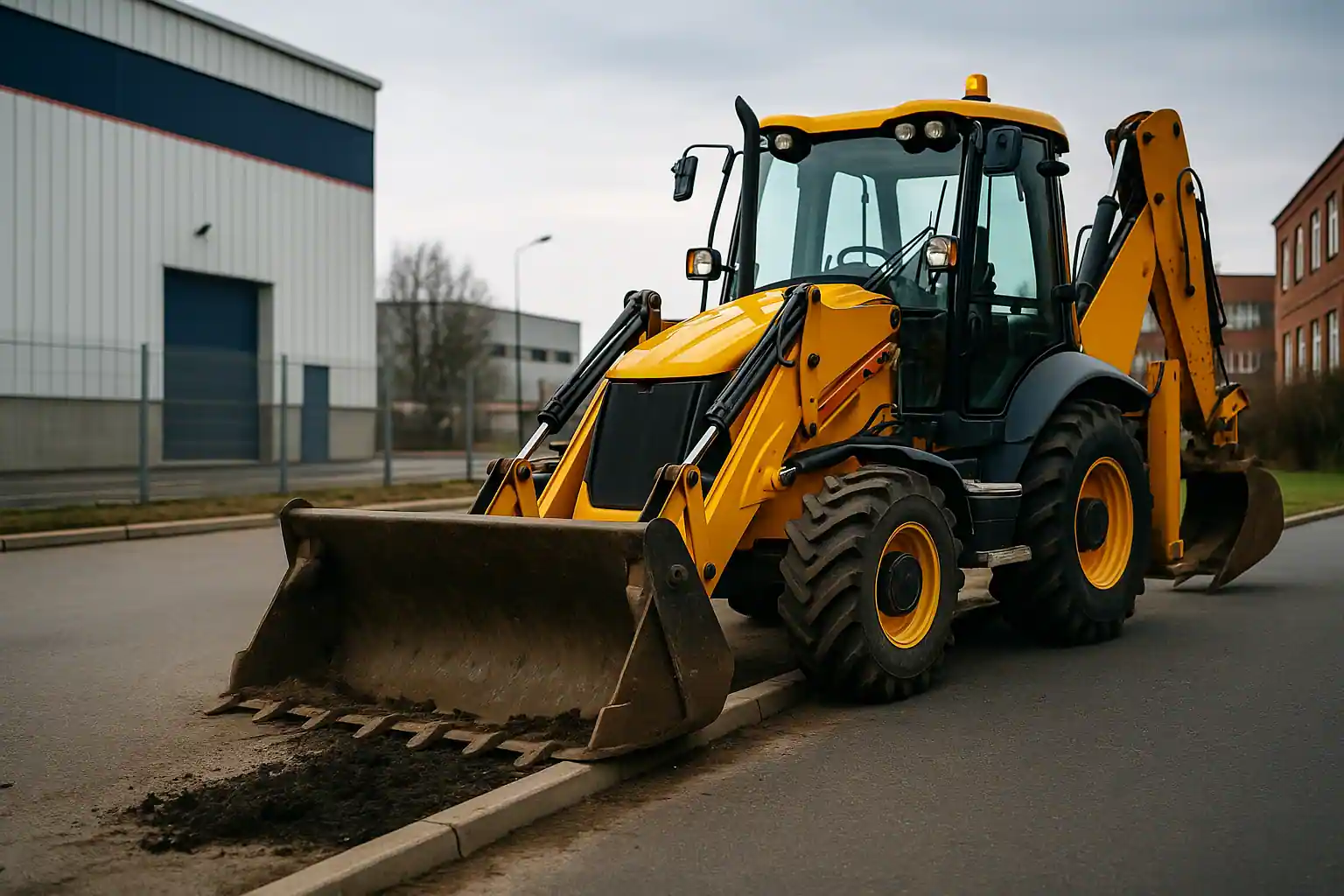 Экскаватор-погрузчик работает у бордюра — Минск