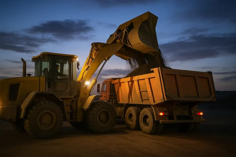 Фронтальный погрузчик грузит в самосвал — открытая площадка, Минск