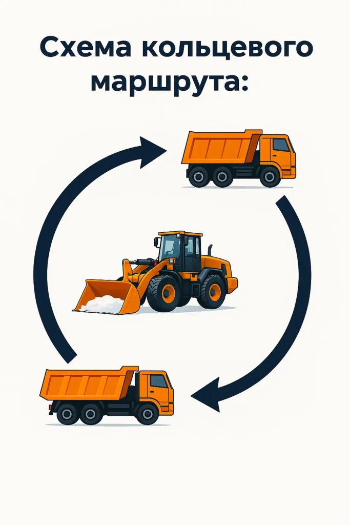 Схема кольцевого маршрута: погрузчик и самосвалы без простоев