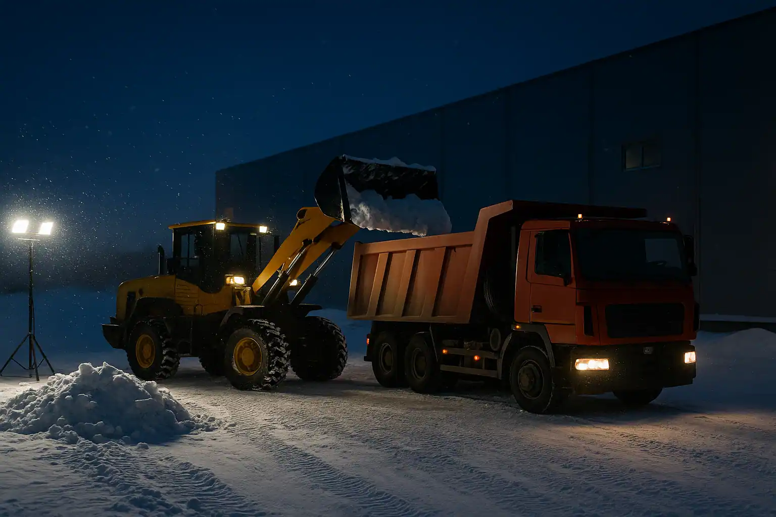 Ночная расчистка снега — фронтальный погрузчик и самосвал