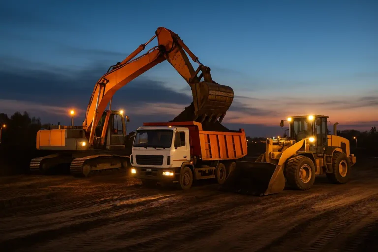 Экскаватор грузит в самосвал, рядом фронтальный разравнивает — слаженная работа техники, Минск