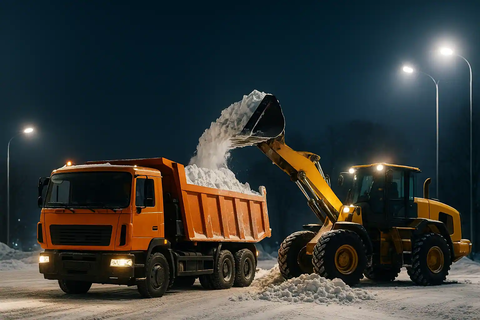 Вывоз снега в Минске — ночная погрузка в самосвалы