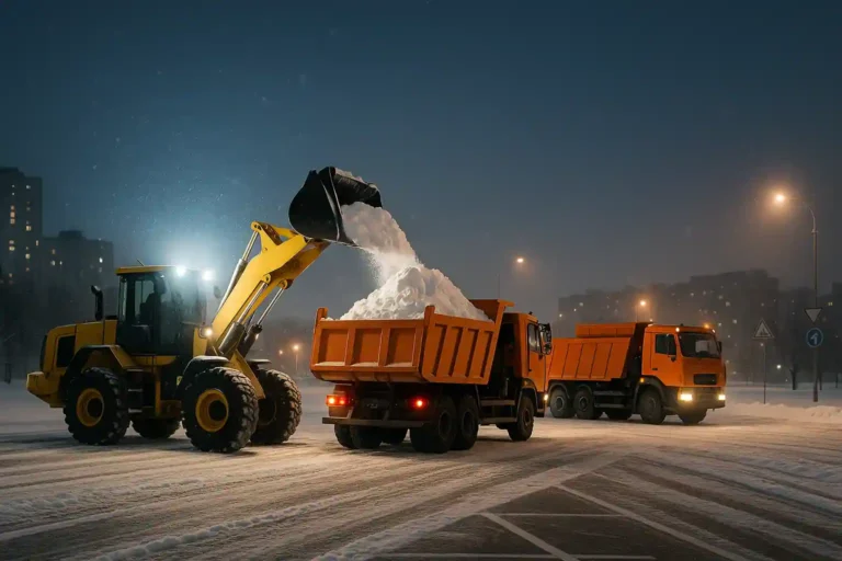 Стоимость уборки и вывоза снега в Минске — фронтальный погрузчик загружает снег в самосвал на парковке ночью