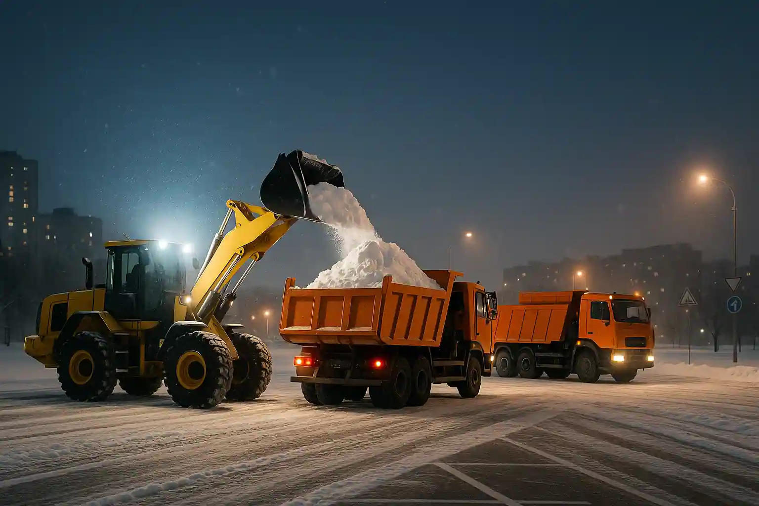 Стоимость уборки и вывоза снега в Минске — фронтальный погрузчик загружает снег в самосвал на парковке ночью