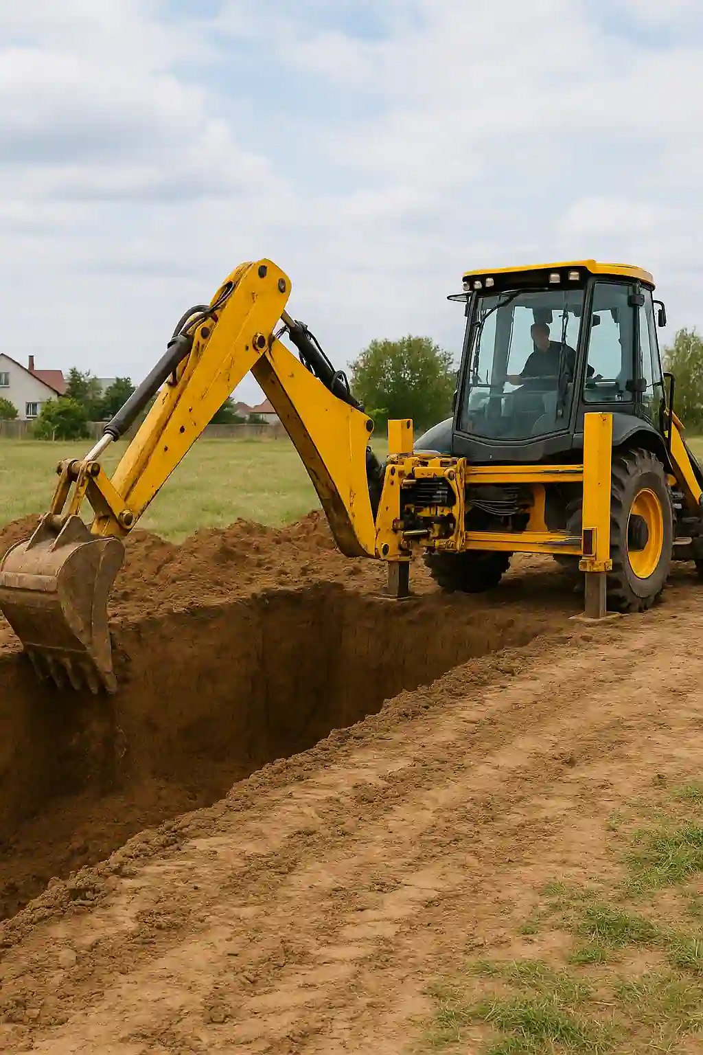 Экскаватор-погрузчик разрабатывает траншею под инженерные сети на участке в Минске