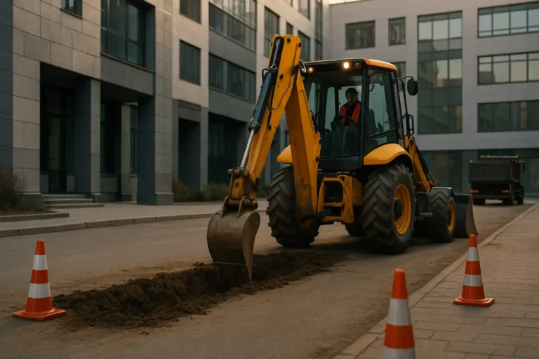 Заказать экскаватор-погрузчик в Минске — копка траншеи во дворе бизнес центра, сигнальные конусы, самосвал на заднем плане