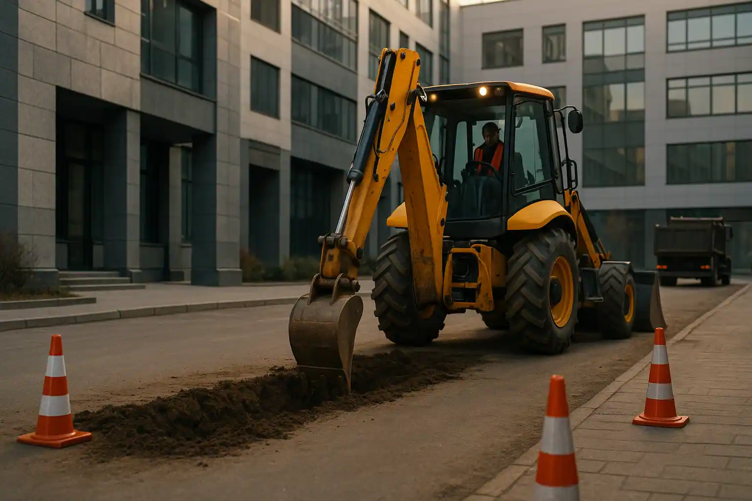 Заказать экскаватор-погрузчик в Минске — копка траншеи во дворе бизнес центра, сигнальные конусы, самосвал на заднем плане