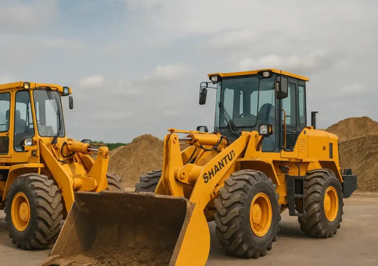 Два фронтальных погрузчика Shantui и Амкодор стоят рядом на строительной площадке для сравнения моделей