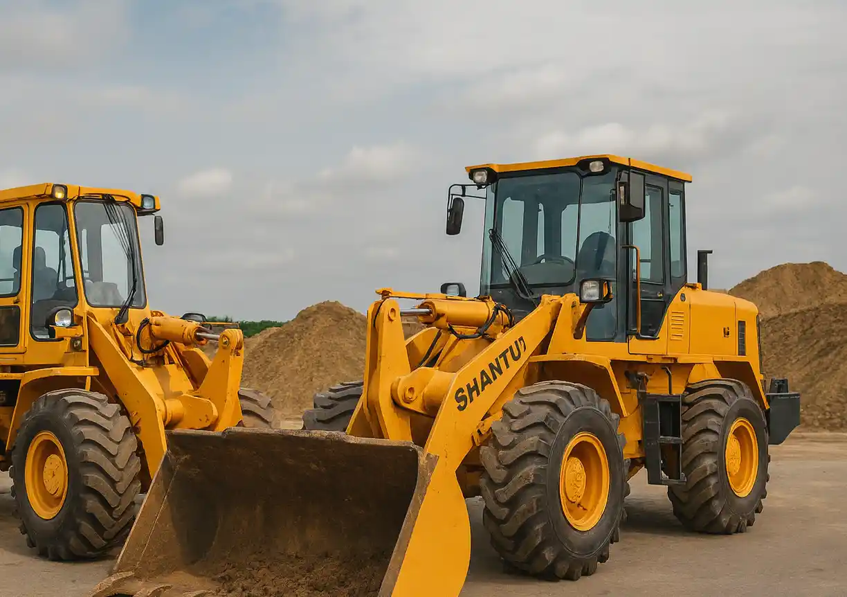 Два фронтальных погрузчика Shantui и Амкодор стоят рядом на строительной площадке для сравнения моделей