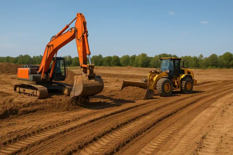 Экскаватор и фронтальный погрузчик выполняют вертикальную планировку участка