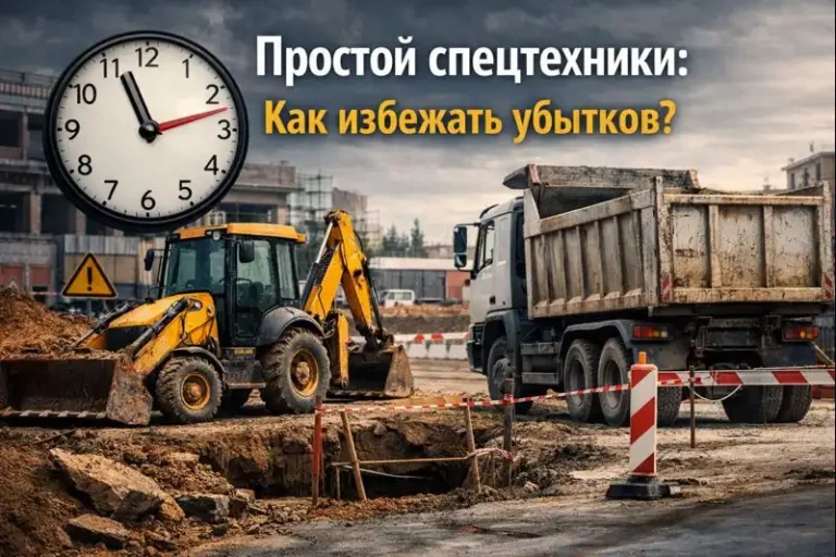 Простой спецтехники на стройплощадке: экскаватор-погрузчик и самосвал стоят без работы из-за неготовности объекта