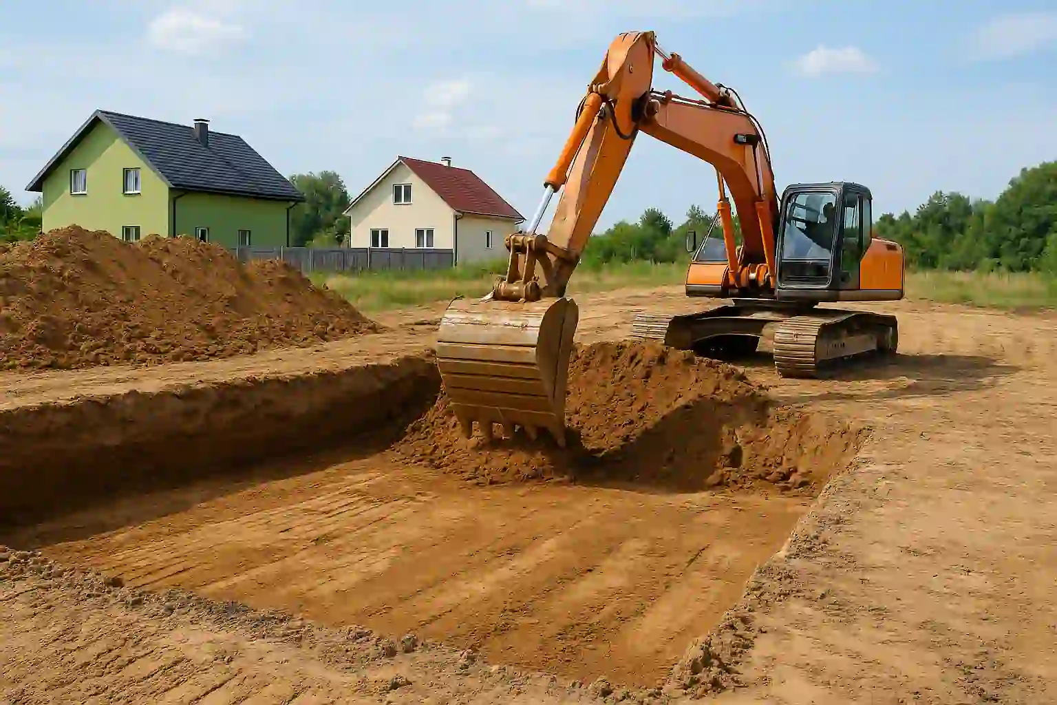 Гусеничный экскаватор разрабатывает котлован под фундамент на участке частного дома