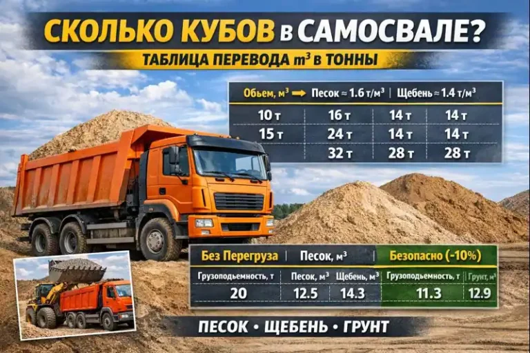 Сколько кубов в самосвале: таблица перевода м³ в тонны для песка, щебня и грунта