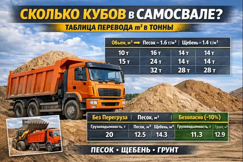 Сколько кубов в самосвале: таблица перевода м³ в тонны для песка, щебня и грунта