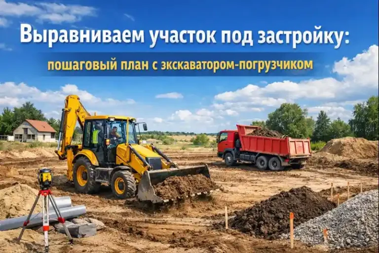 Выравнивание участка экскаватором-погрузчиком: планировка под застройку и подготовка к строительству