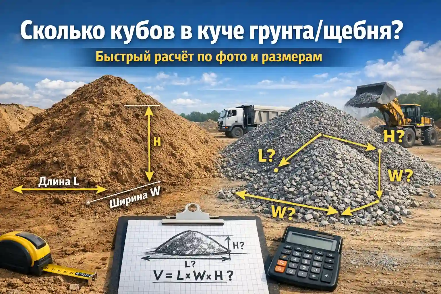 Сколько кубов в куче грунта и щебня: схема замеров L/W/H для быстрого расчёта объёма по фото и размерам