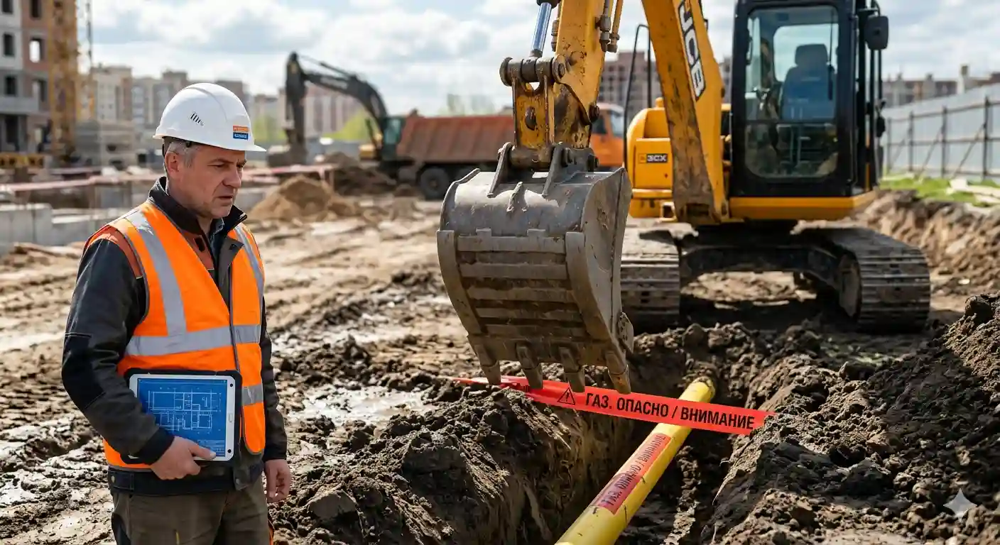 Ковш экскаватора рядом с газовой трубой в траншее — иллюстрация риска повреждения коммуникаций при земляных работах