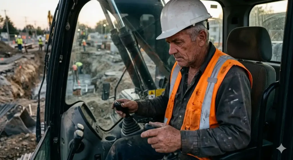 Опытный машинист в кабине экскаватора сосредоточенно контролирует ковш, работающий рядом с размеченной линией коммуникаций