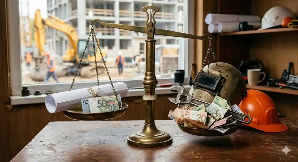Концептуальное фото весов: лёгкая чаша с чертежом и 50 рублями против тяжёлой чаши с кучей денег и инструментами для ремонта