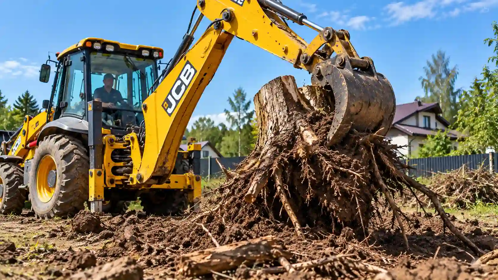 Корчевание пней экскаватором-погрузчиком JCB на заросшем участке